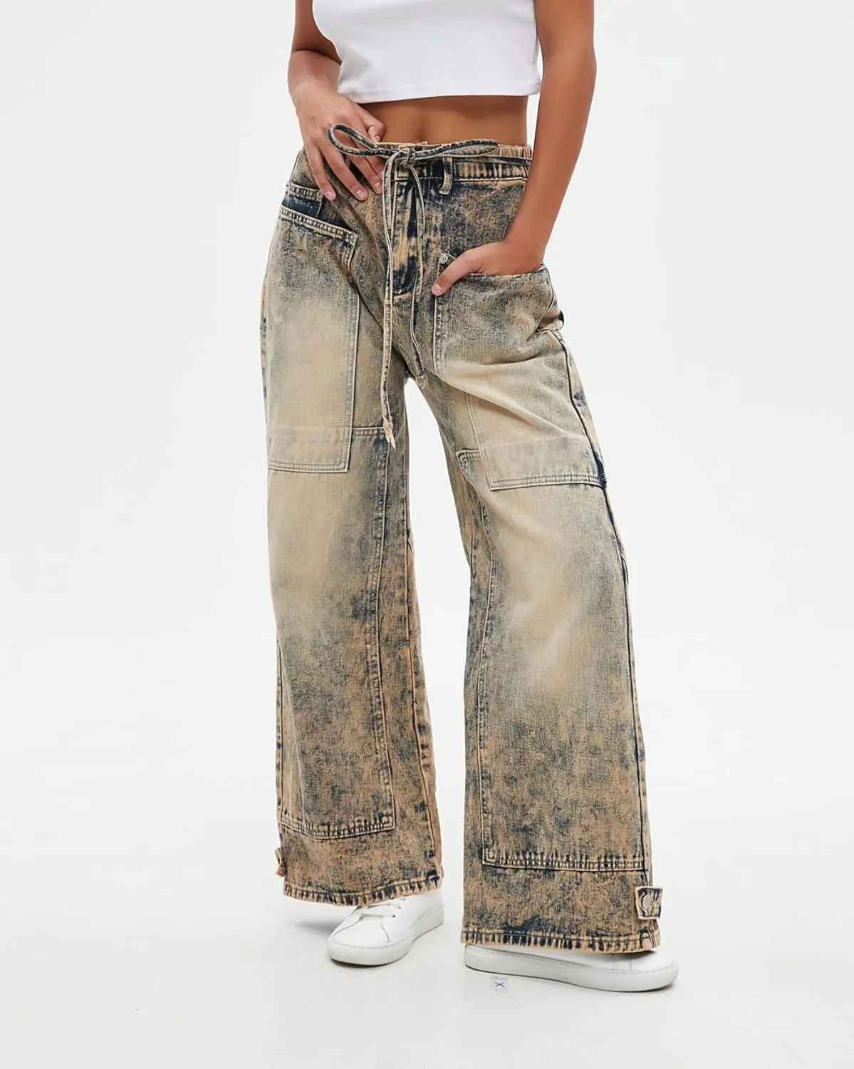 Women Wide Leg Jeans Elastic Mid Waist Belt Baggy Jeans Loose Casual Boyfriend Y2K Denim Pants with Pockets