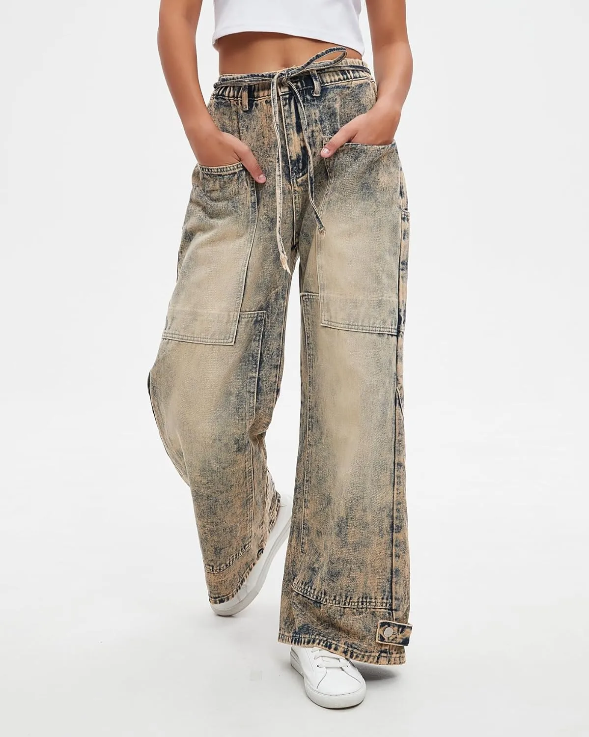 Women Wide Leg Jeans Elastic Mid Waist Belt Baggy Jeans Loose Casual Boyfriend Y2K Denim Pants with Pockets
