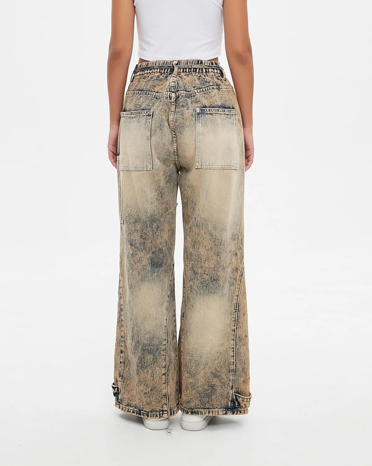 Women Wide Leg Jeans Elastic Mid Waist Belt Baggy Jeans Loose Casual Boyfriend Y2K Denim Pants with Pockets