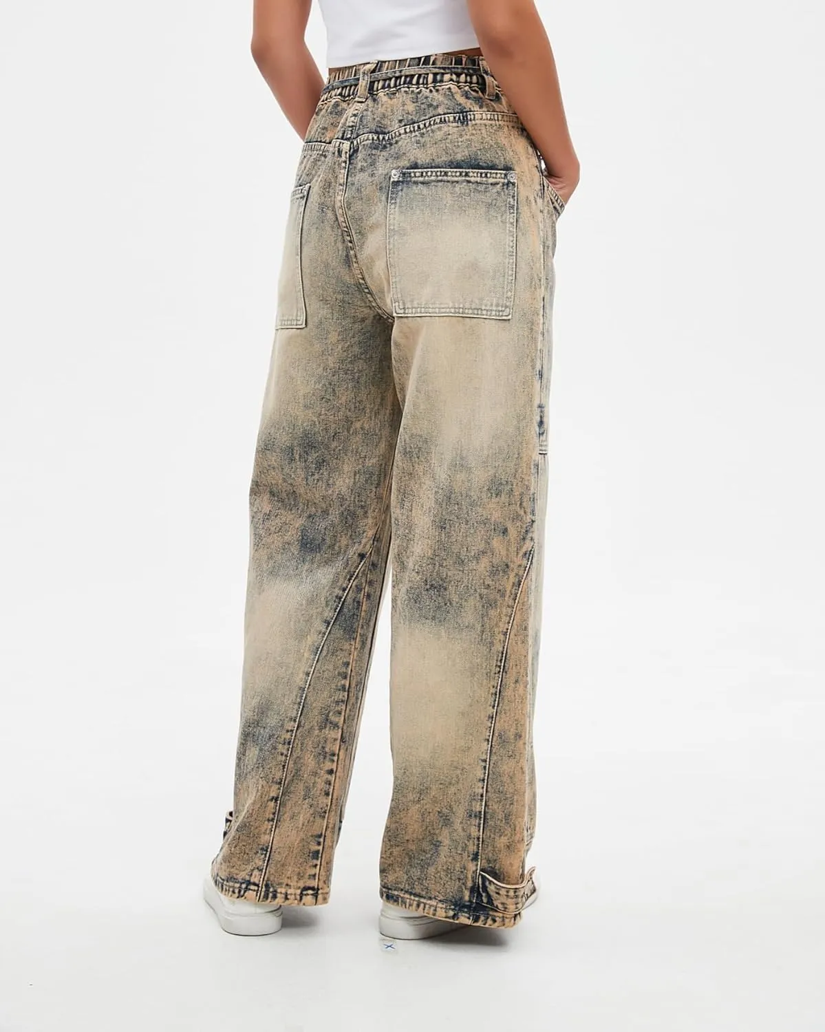 Women Wide Leg Jeans Elastic Mid Waist Belt Baggy Jeans Loose Casual Boyfriend Y2K Denim Pants with Pockets