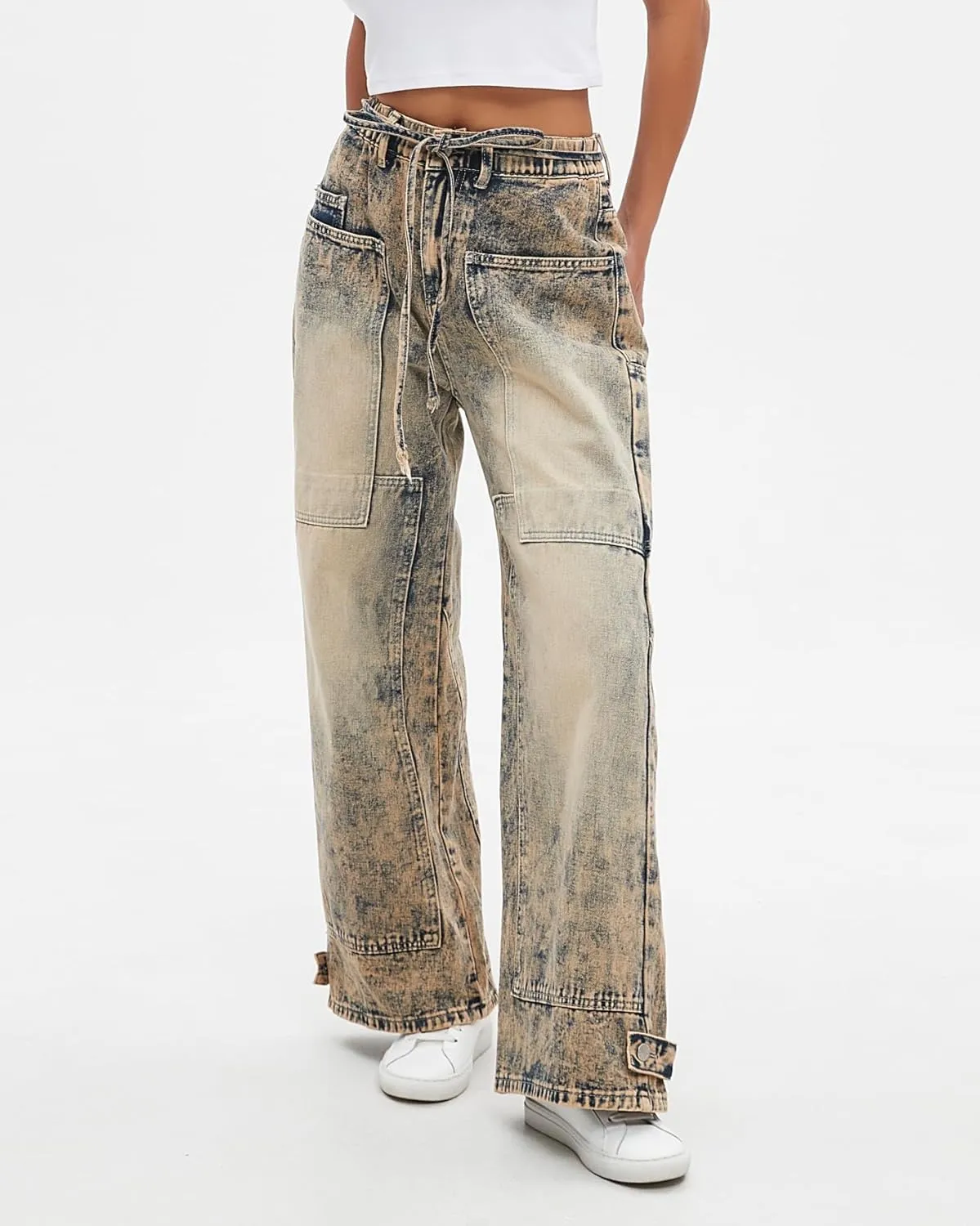 Women Wide Leg Jeans Elastic Mid Waist Belt Baggy Jeans Loose Casual Boyfriend Y2K Denim Pants with Pockets