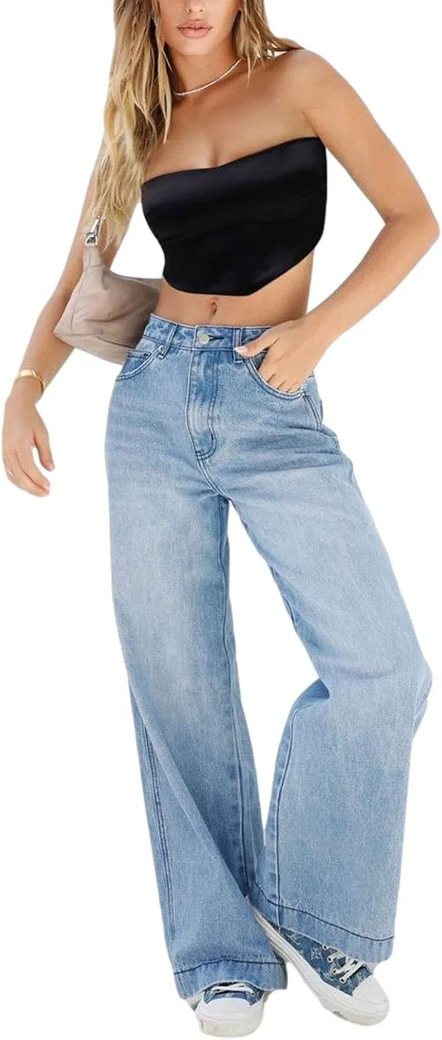 Women Y2k Low Rise Baggy Jeans Loose Fit Boyfriend Straight Wide Leg Jeans Trendy Stretch Long Denim Pants