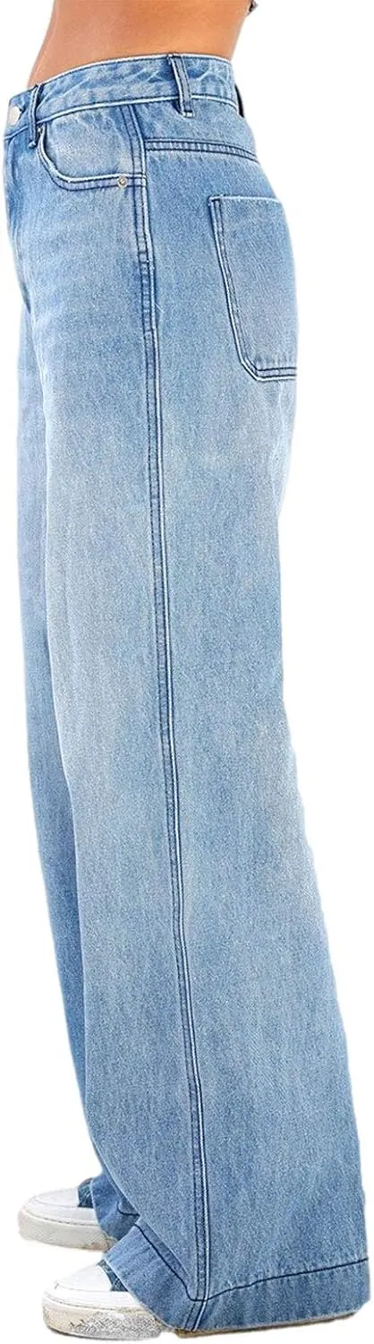 Women Y2k Low Rise Baggy Jeans Loose Fit Boyfriend Straight Wide Leg Jeans Trendy Stretch Long Denim Pants