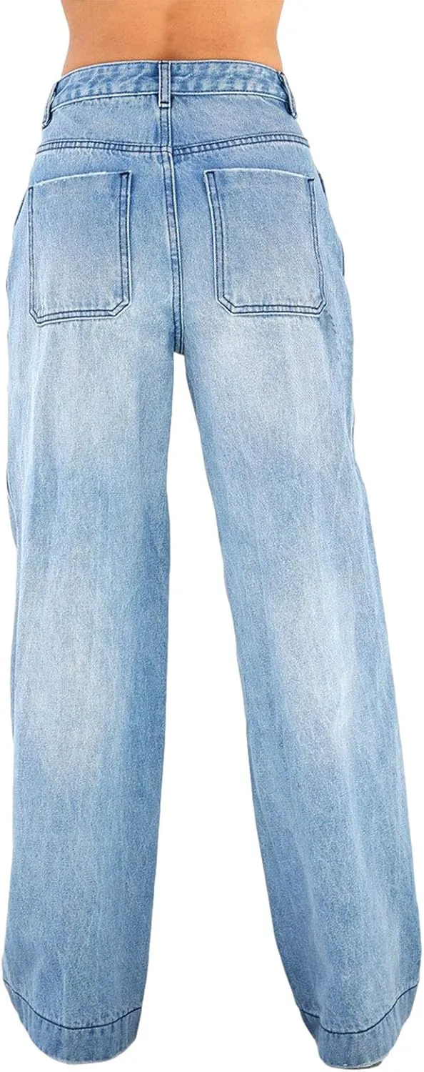 Women Y2k Low Rise Baggy Jeans Loose Fit Boyfriend Straight Wide Leg Jeans Trendy Stretch Long Denim Pants