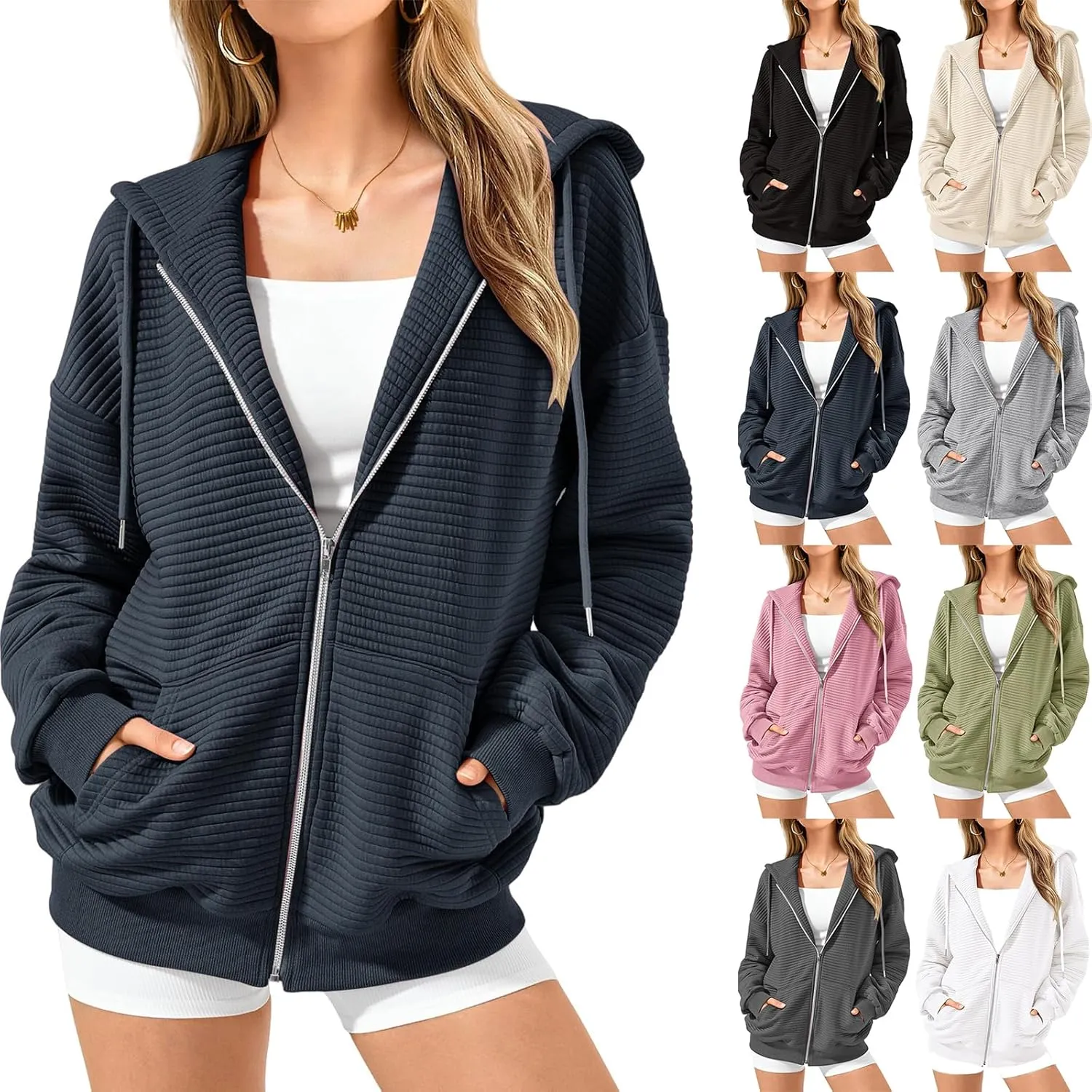Women Zip Up Hoodie Long Sleeve Hooded Oversized Sweatshirts Y2K Jacket with Pockets Casual Drawstring Fall Coat