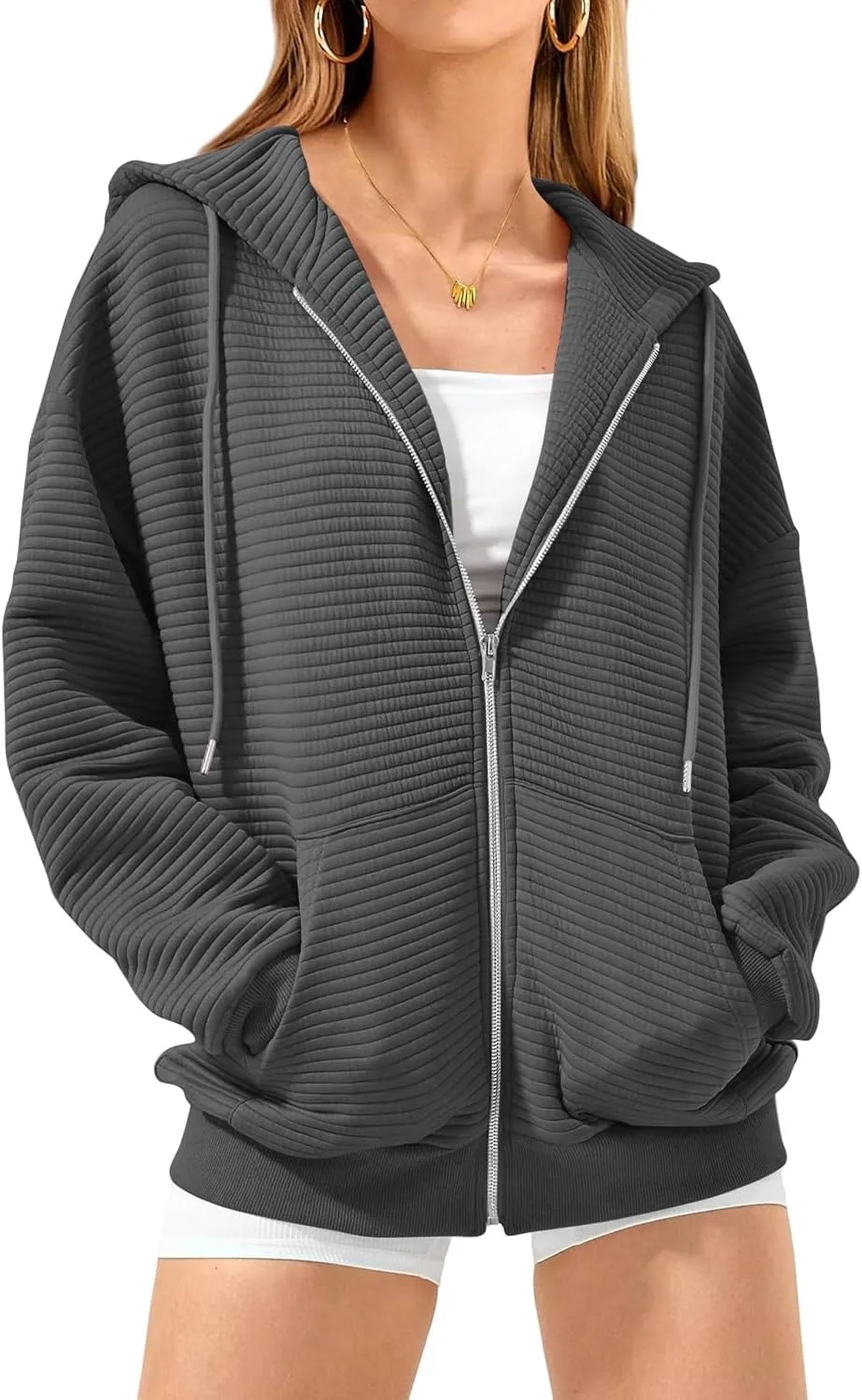 Women Zip Up Hoodie Long Sleeve Hooded Oversized Sweatshirts Y2K Jacket with Pockets Casual Drawstring Fall Coat