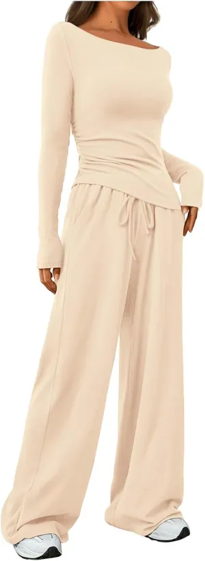 Women's 2 Piece Lounge Sets Asymmetrical Ruched Long Sleeve Top Wide Leg High Waisted Pants Casual Outfits Tracksuit