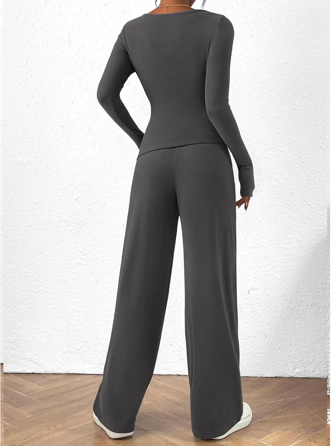 Women's 2 Piece Lounge Sets Asymmetrical Ruched Long Sleeve Top Wide Leg High Waisted Pants Casual Outfits Tracksuit
