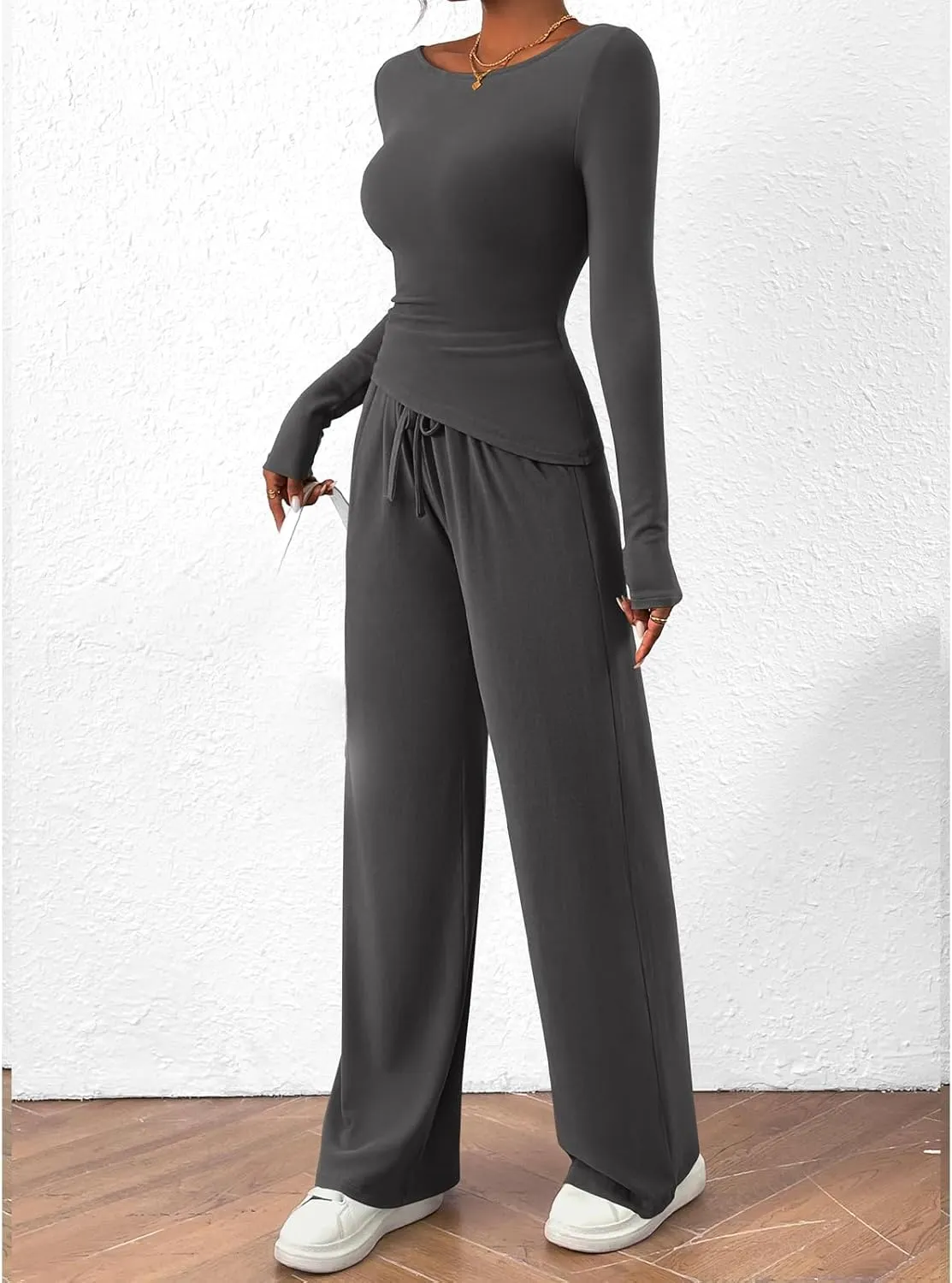 Women's 2 Piece Lounge Sets Asymmetrical Ruched Long Sleeve Top Wide Leg High Waisted Pants Casual Outfits Tracksuit