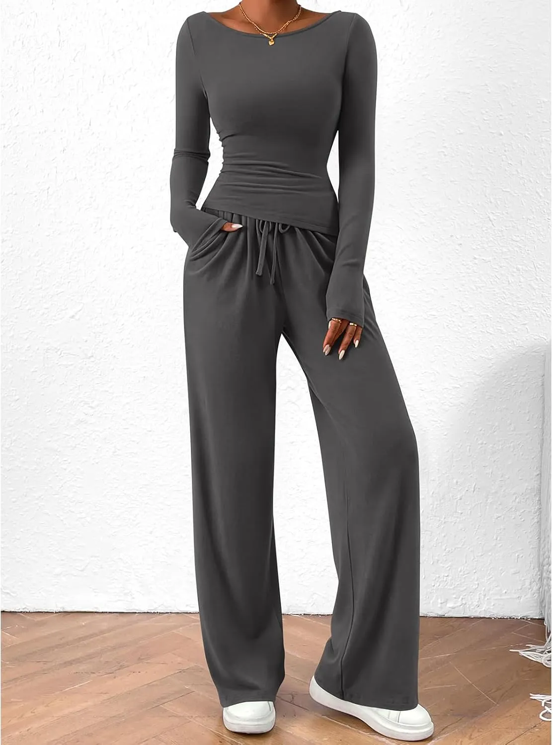 Women's 2 Piece Lounge Sets Asymmetrical Ruched Long Sleeve Top Wide Leg High Waisted Pants Casual Outfits Tracksuit