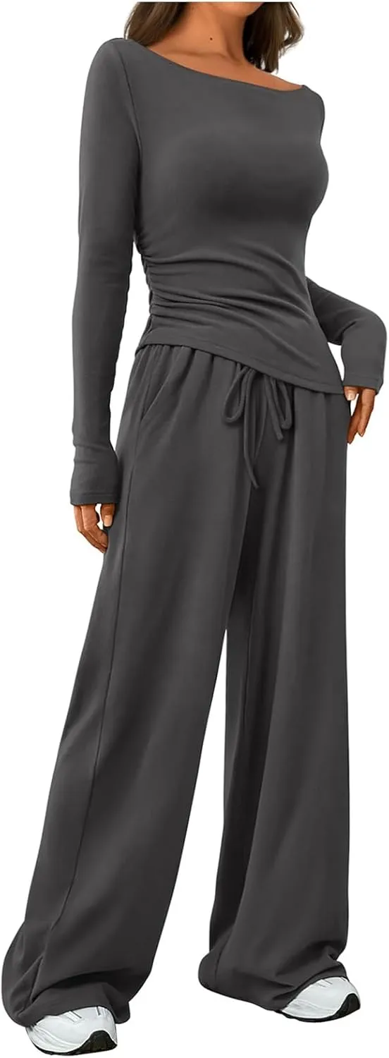 Women's 2 Piece Lounge Sets Asymmetrical Ruched Long Sleeve Top Wide Leg High Waisted Pants Casual Outfits Tracksuit