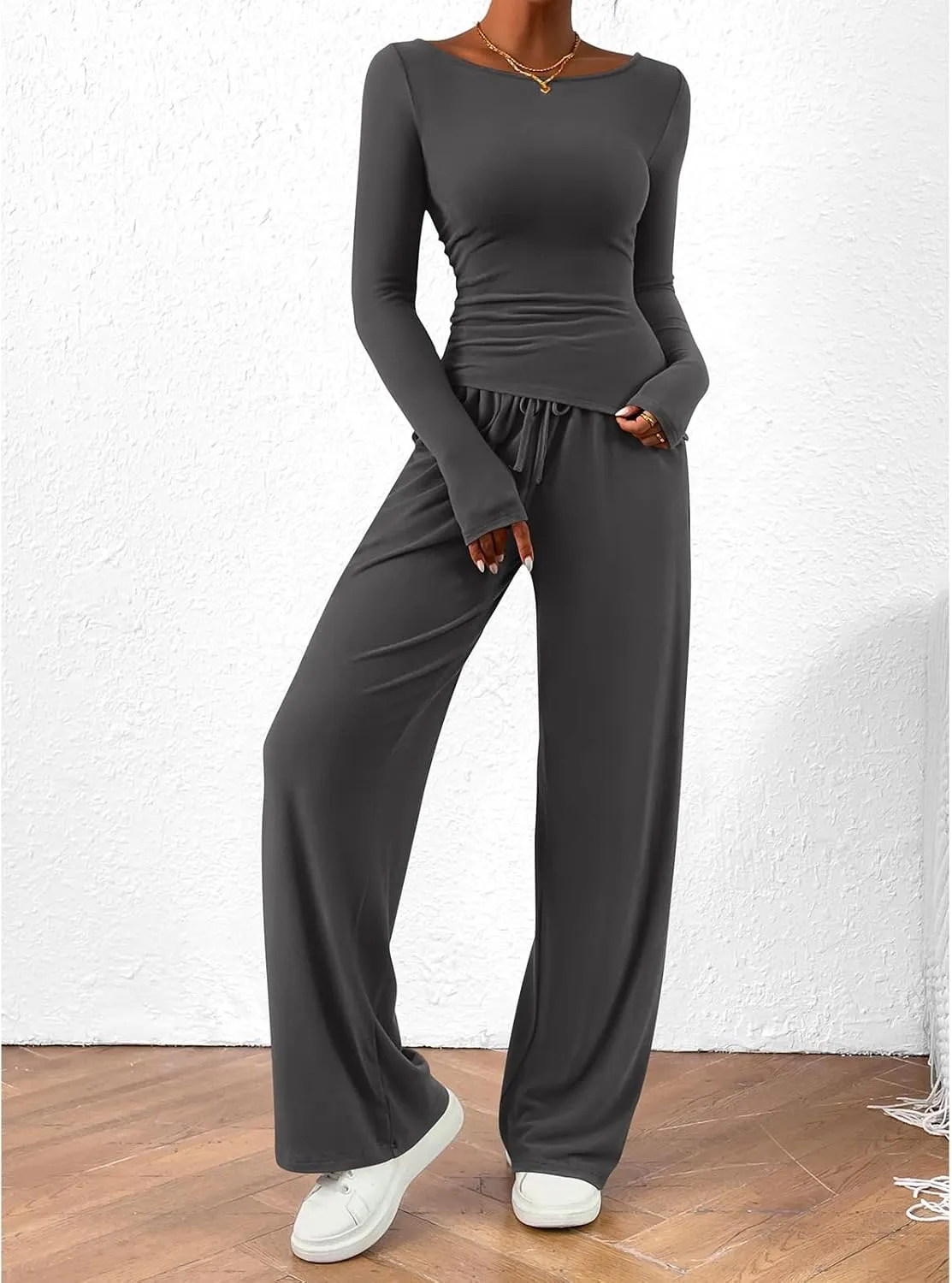 Women's 2 Piece Lounge Sets Asymmetrical Ruched Long Sleeve Top Wide Leg High Waisted Pants Casual Outfits Tracksuit