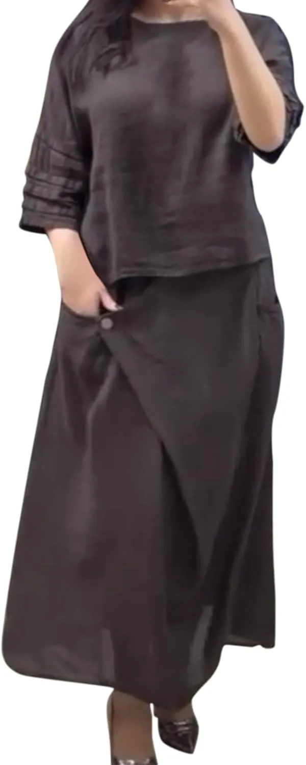 Women's 2 Piece Outfits Casual Skirt Sets Long Sleeve Tops Irregular Midi Skirts 2025 Matching Outfits
