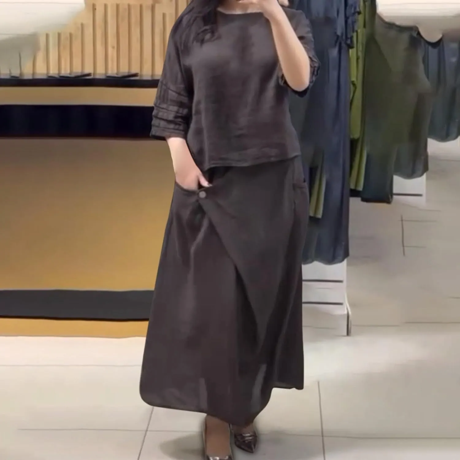 Women's 2 Piece Outfits Casual Skirt Sets Long Sleeve Tops Irregular Midi Skirts 2025 Matching Outfits