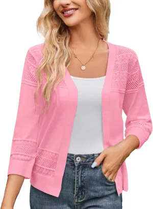 Women's 2025 Cropped Cardigan 3/4 Sleeve Lightweight Crochet Shrug Hollowed-Out Knit Sweater Tops S-XXL
