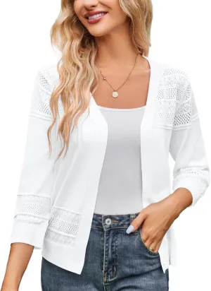 Women's 2025 Cropped Cardigan 3/4 Sleeve Lightweight Crochet Shrug Hollowed-Out Knit Sweater Tops S-XXL