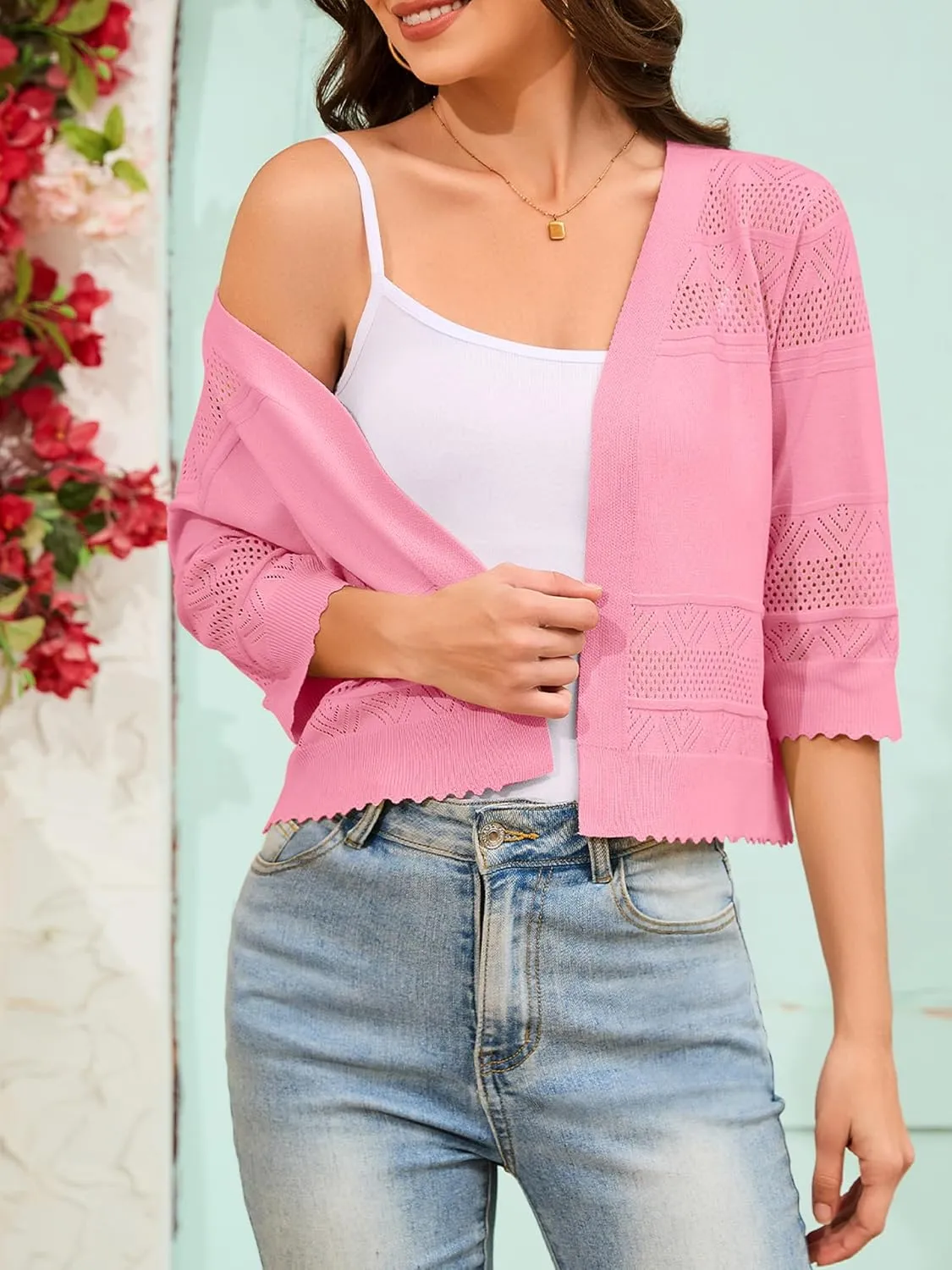 Women's 2025 Cropped Cardigan 3/4 Sleeve Lightweight Crochet Shrug Hollowed-Out Knit Sweater Tops S-XXL
