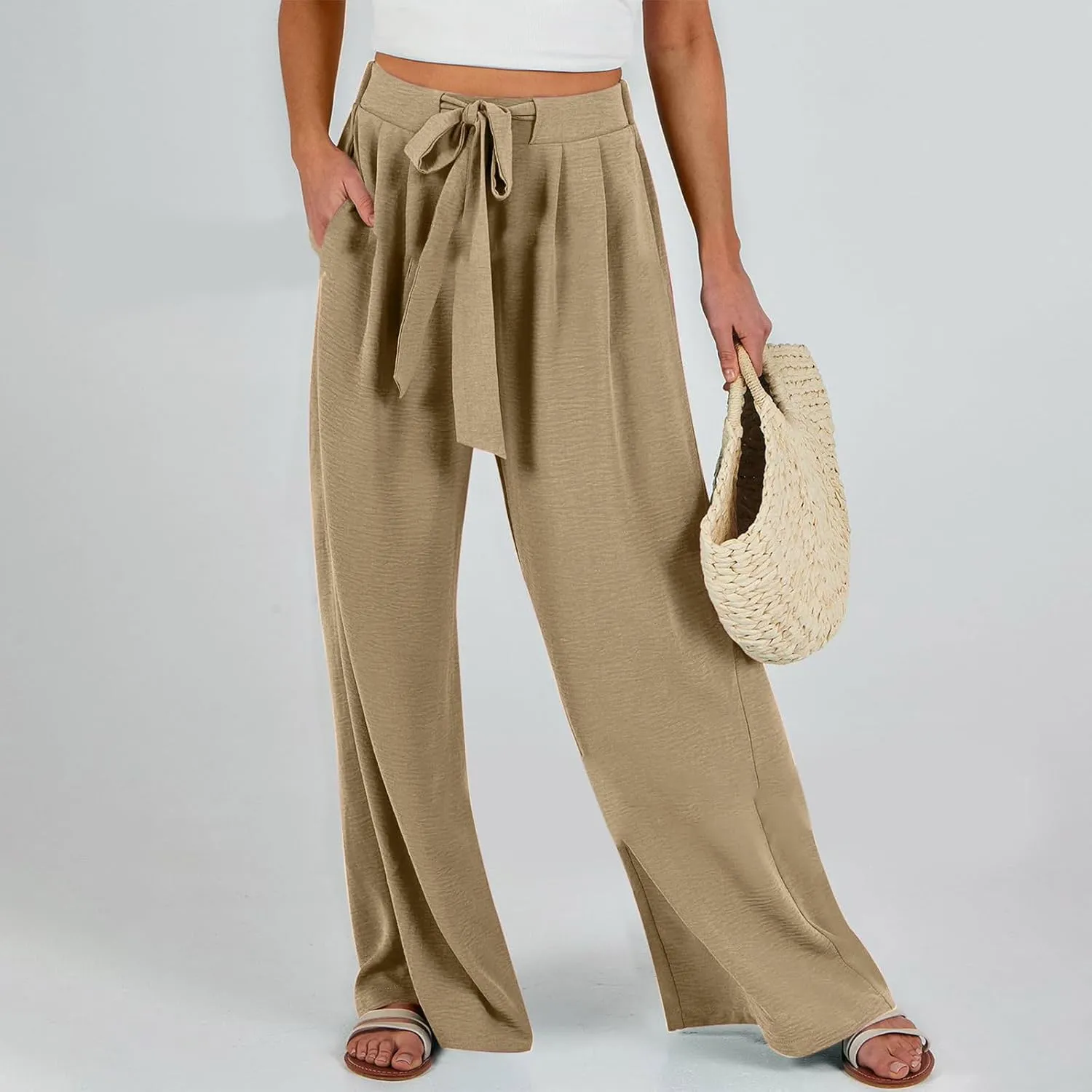 Women's 2025 Summer Lightweight Loose Lace Up High Waist Pants Casual Solid Color Baggy Wide Leg Trousers with Pockets