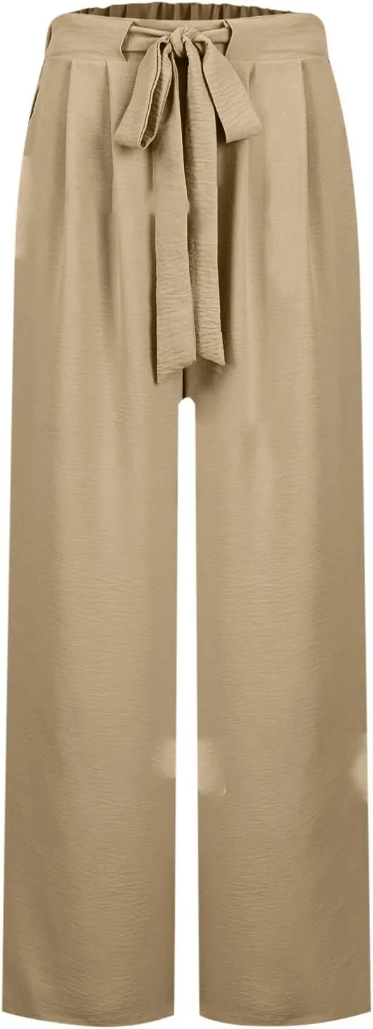 Women's 2025 Summer Lightweight Loose Lace Up High Waist Pants Casual Solid Color Baggy Wide Leg Trousers with Pockets