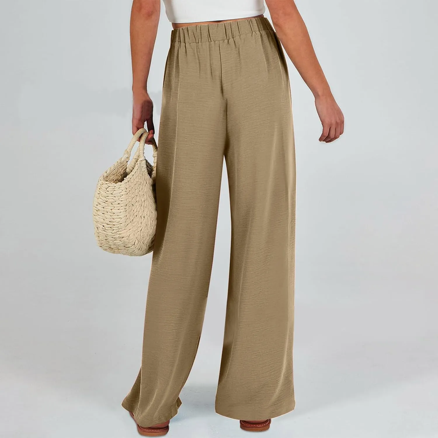 Women's 2025 Summer Lightweight Loose Lace Up High Waist Pants Casual Solid Color Baggy Wide Leg Trousers with Pockets