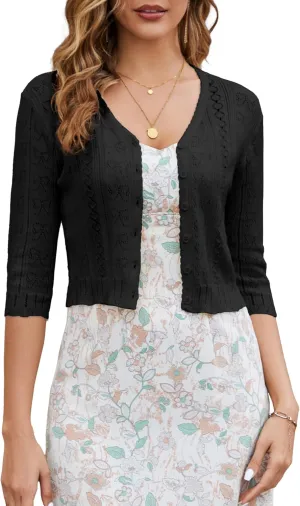 Women's Bolero Shrug 3/4 Sleeve Cropped Cardigan Knit Sweaters Open Front Casual Elegant Jacket for Dresses