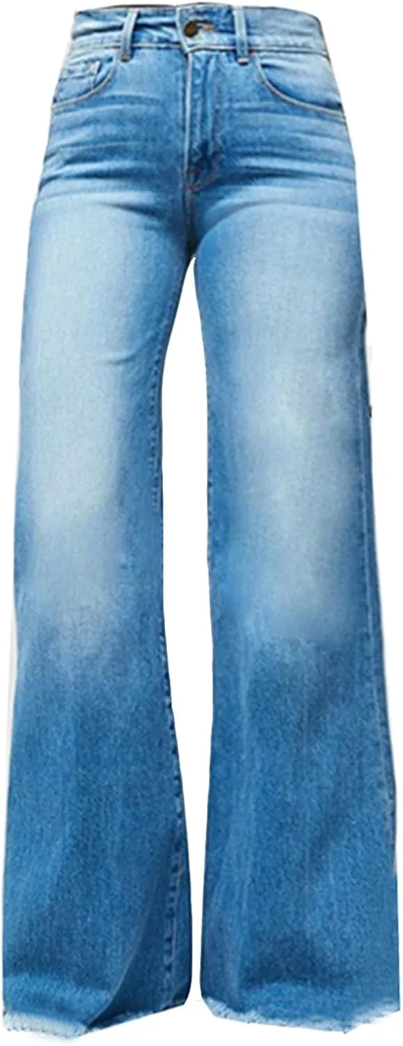Women's Bootcut Denim Jeans High Rise Stretch Juniors Curve Jeggings Tummy Control Flare Jeans with Frayed Hems