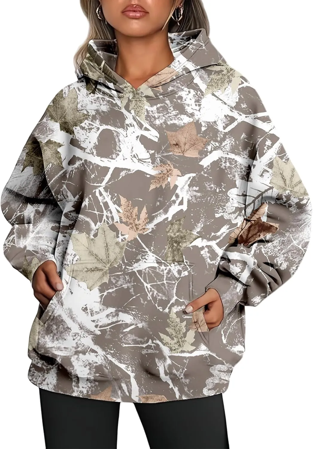 Women's Camo Hoodie Maple Leaf Print Oversized Hooded Sweatshirt Loose Casual Pullover Sweatshirts Long Sleeve Tops