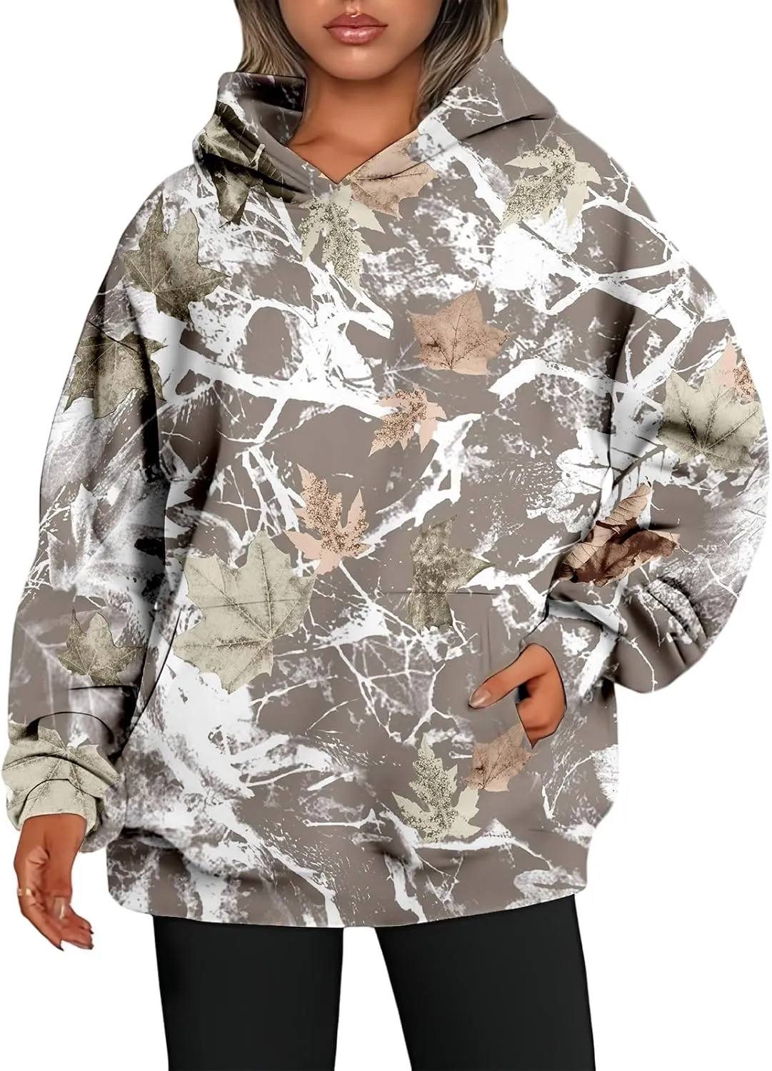 Women's Camo Hoodie Maple Leaf Print Oversized Hooded Sweatshirt Loose Casual Pullover Sweatshirts Long Sleeve Tops