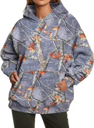 Women's Camo Hoodie Maple Leaf Printed Sweatshirt Cute Oversized Hoodie Fleece Casual Long Sleeve Pullover Sweatshirts