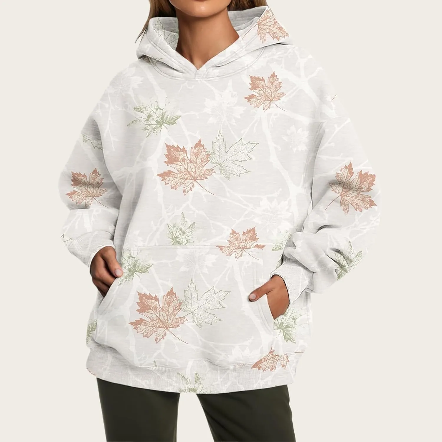 Women's Camo Hoodie Maple Leaf Printed Sweatshirt Cute Oversized Hoodie Fleece Casual Long Sleeve Pullover Sweatshirts