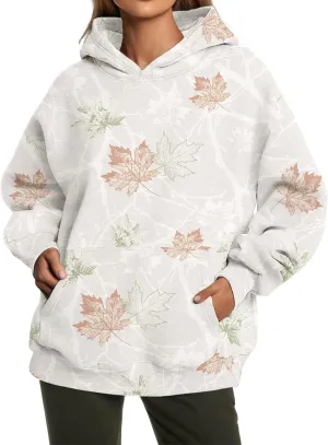 Women's Camo Hoodie Maple Leaf Printed Sweatshirt Cute Oversized Hoodie Fleece Casual Long Sleeve Pullover Sweatshirts