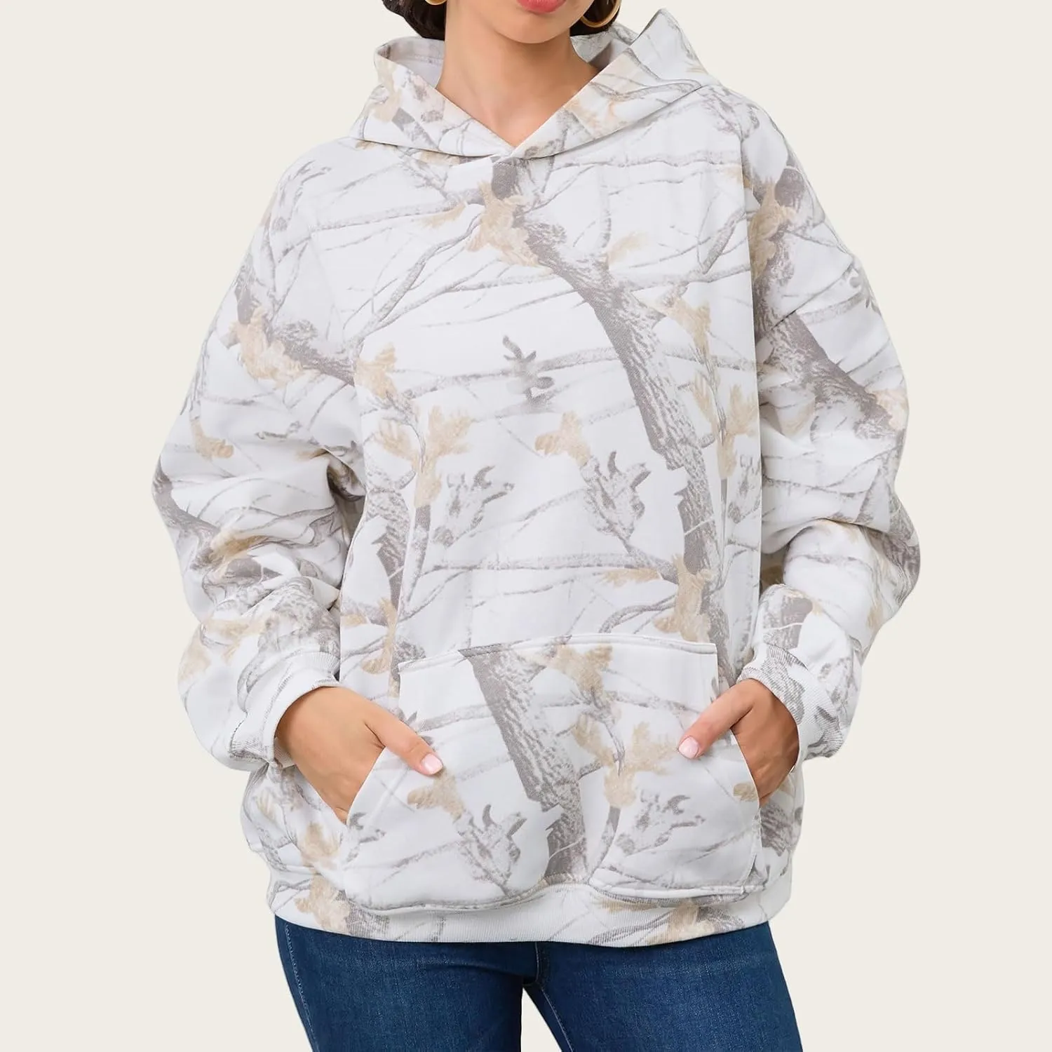 Women's Camo Hoodie Maple Leaf Printed Sweatshirt Cute Oversized Hoodie Fleece Casual Long Sleeve Pullover Sweatshirts