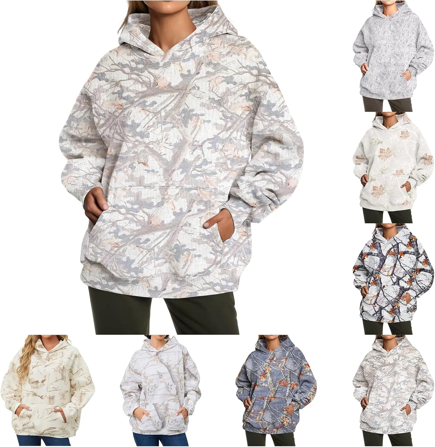 Women's Camo Hoodie Maple Leaf Printed Sweatshirt Cute Oversized Hoodie Fleece Casual Long Sleeve Pullover Sweatshirts