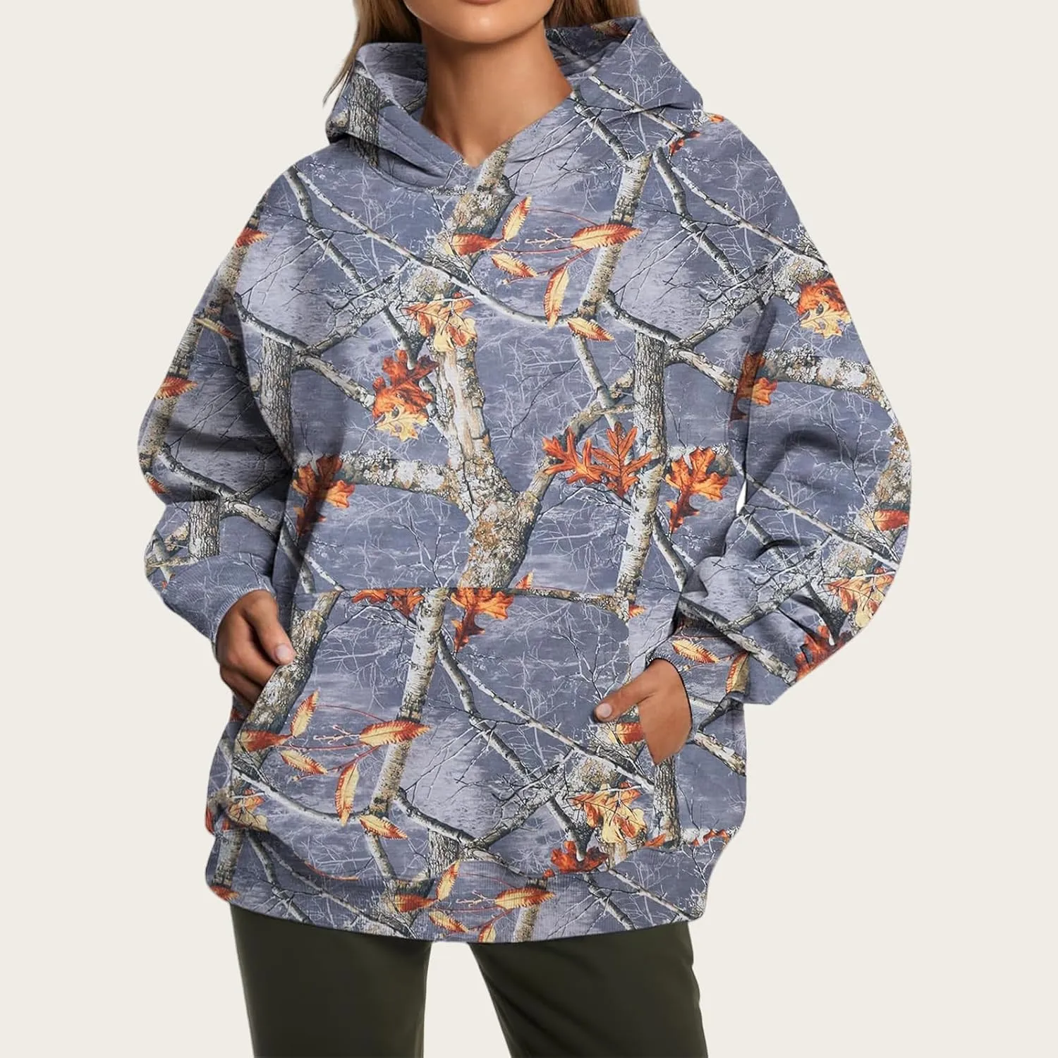 Women's Camo Hoodie Maple Leaf Printed Sweatshirt Cute Oversized Hoodie Fleece Casual Long Sleeve Pullover Sweatshirts