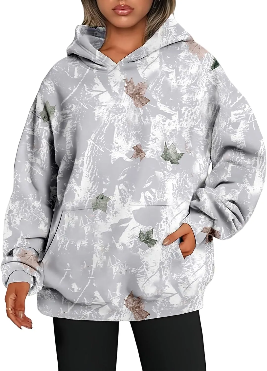 Womens Camo Hoodie Maple Leaf Printed Sweatshirt Oversized Hooded Sweatshirt Fleece Pullover Sweatshirt Trendy Outfits