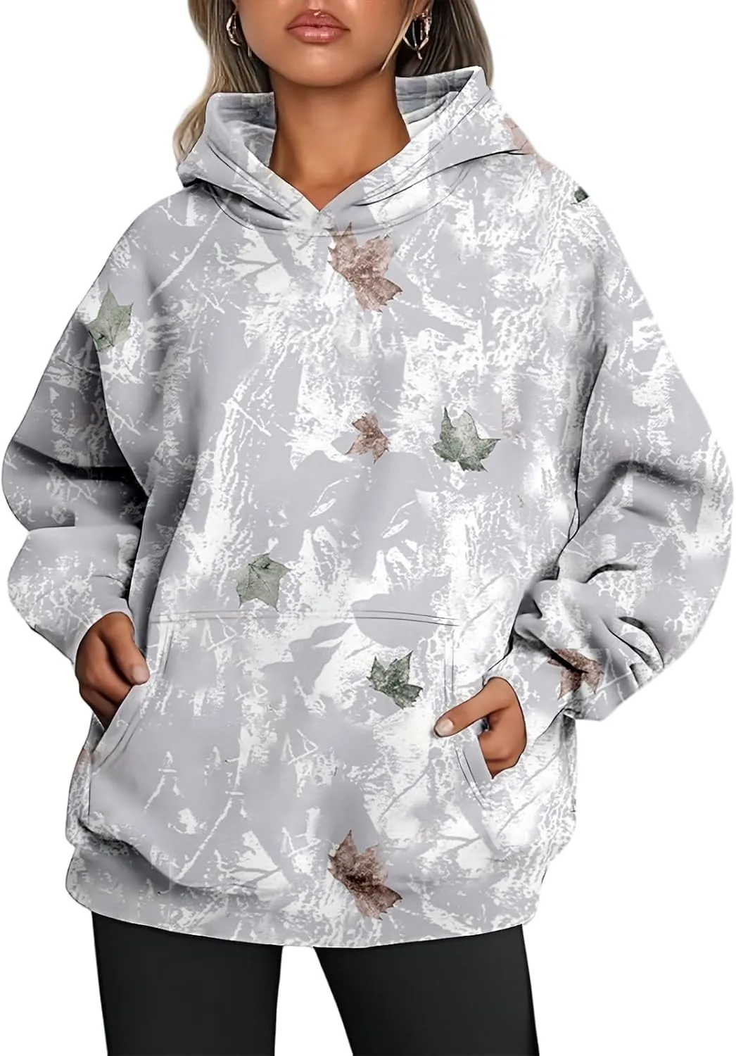 Womens Camo Hoodie Maple Leaf Printed Sweatshirt Oversized Hooded Sweatshirt Fleece Pullover Sweatshirt Trendy Outfits