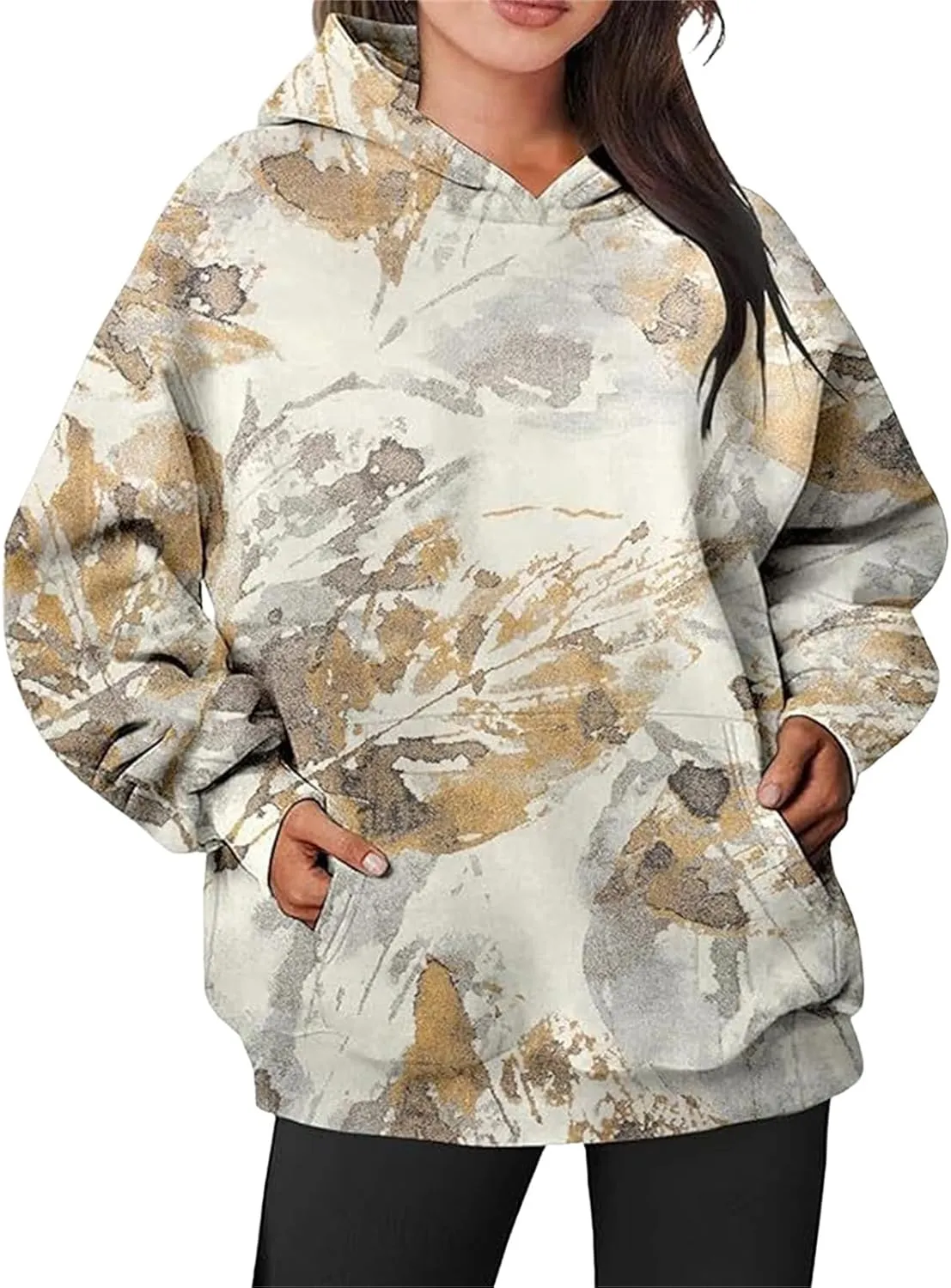 Womens Camo Hoodies Sweatshirt Maple Leaf Print Oversized Hooded Sweatshirt Long Sleeve Fall Pullover Top with Pockets