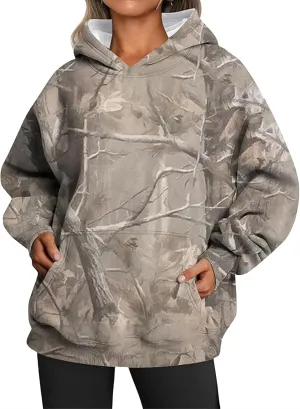 Womens Camo Hoodies Sweatshirt Maple Leaf Print Oversized Hooded Sweatshirt Long Sleeve Fall Pullover Top with Pockets