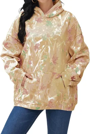 Womens Camo Hoodies Sweatshirt Maple Leaf Print Oversized Hooded Sweatshirt Long Sleeve Fall Pullover Top with Pockets