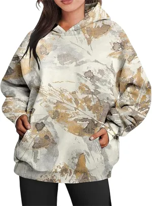 Womens Camo Hoodies Sweatshirt Maple Leaf Print Oversized Hooded Sweatshirt Long Sleeve Fall Pullover Top with Pockets