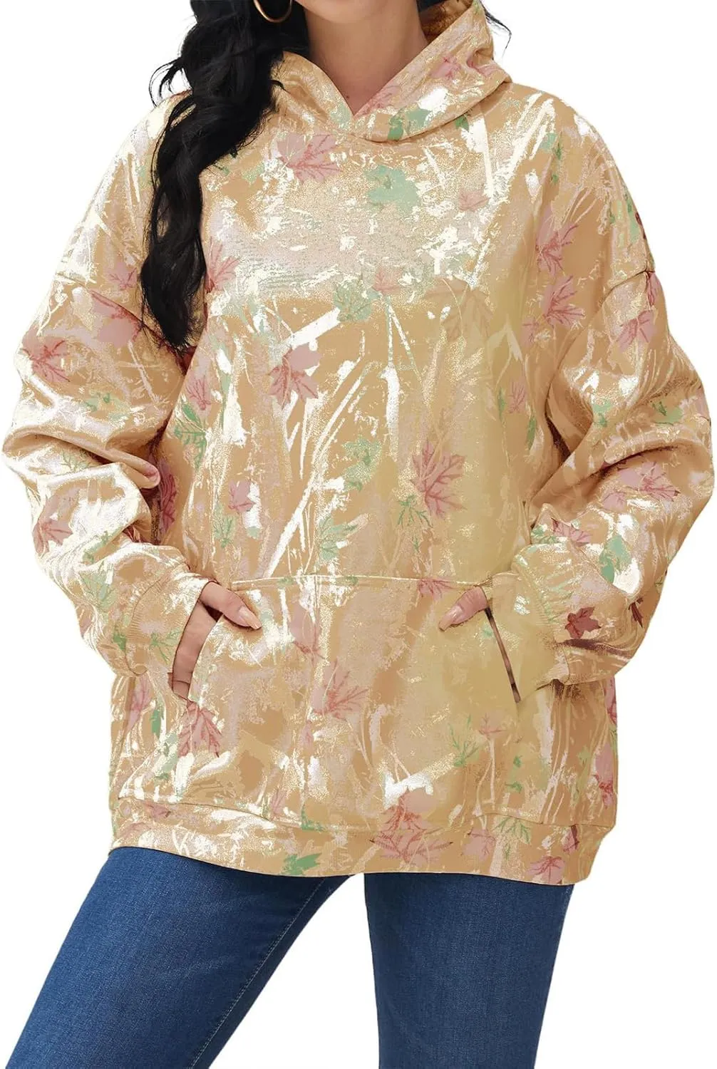 Womens Camo Hoodies Sweatshirt Maple Leaf Print Oversized Hooded Sweatshirt Long Sleeve Fall Pullover Top with Pockets