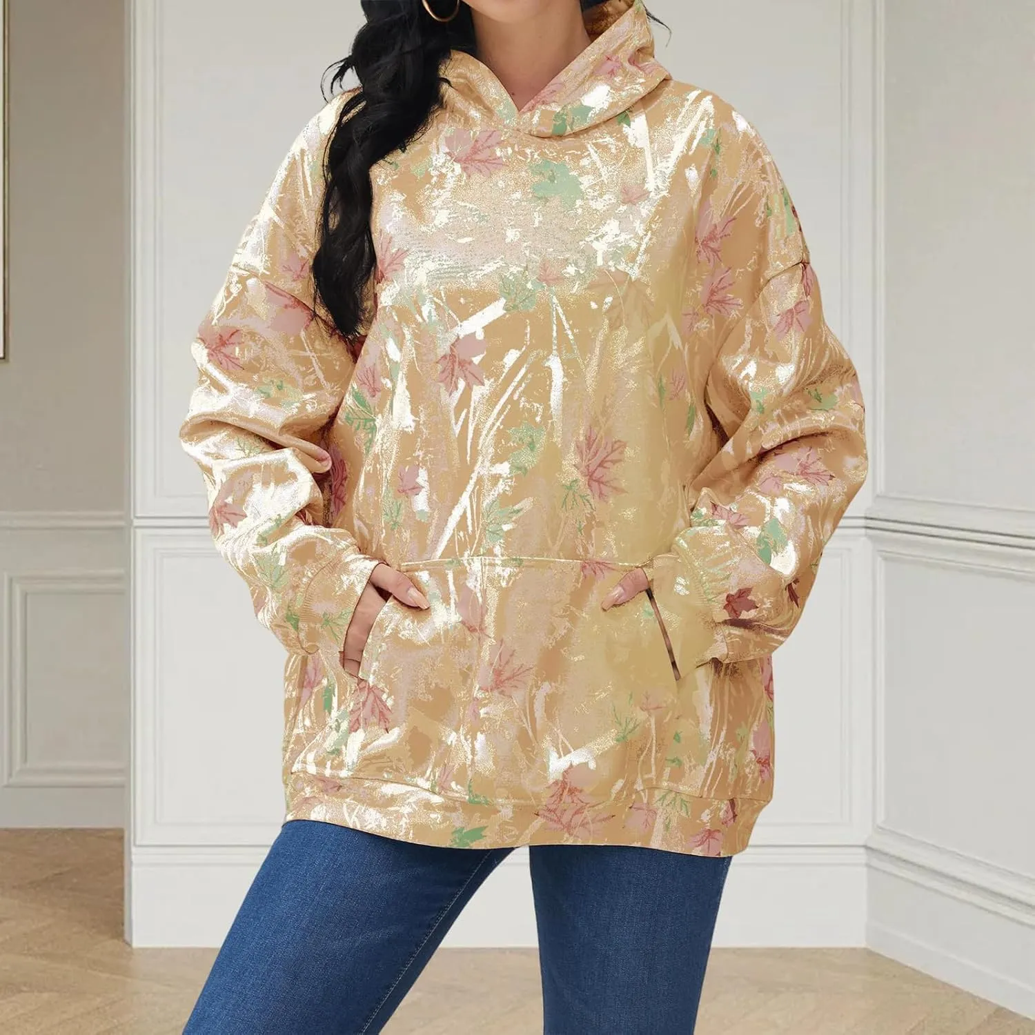 Womens Camo Hoodies Sweatshirt Maple Leaf Print Oversized Hooded Sweatshirt Long Sleeve Fall Pullover Top with Pockets
