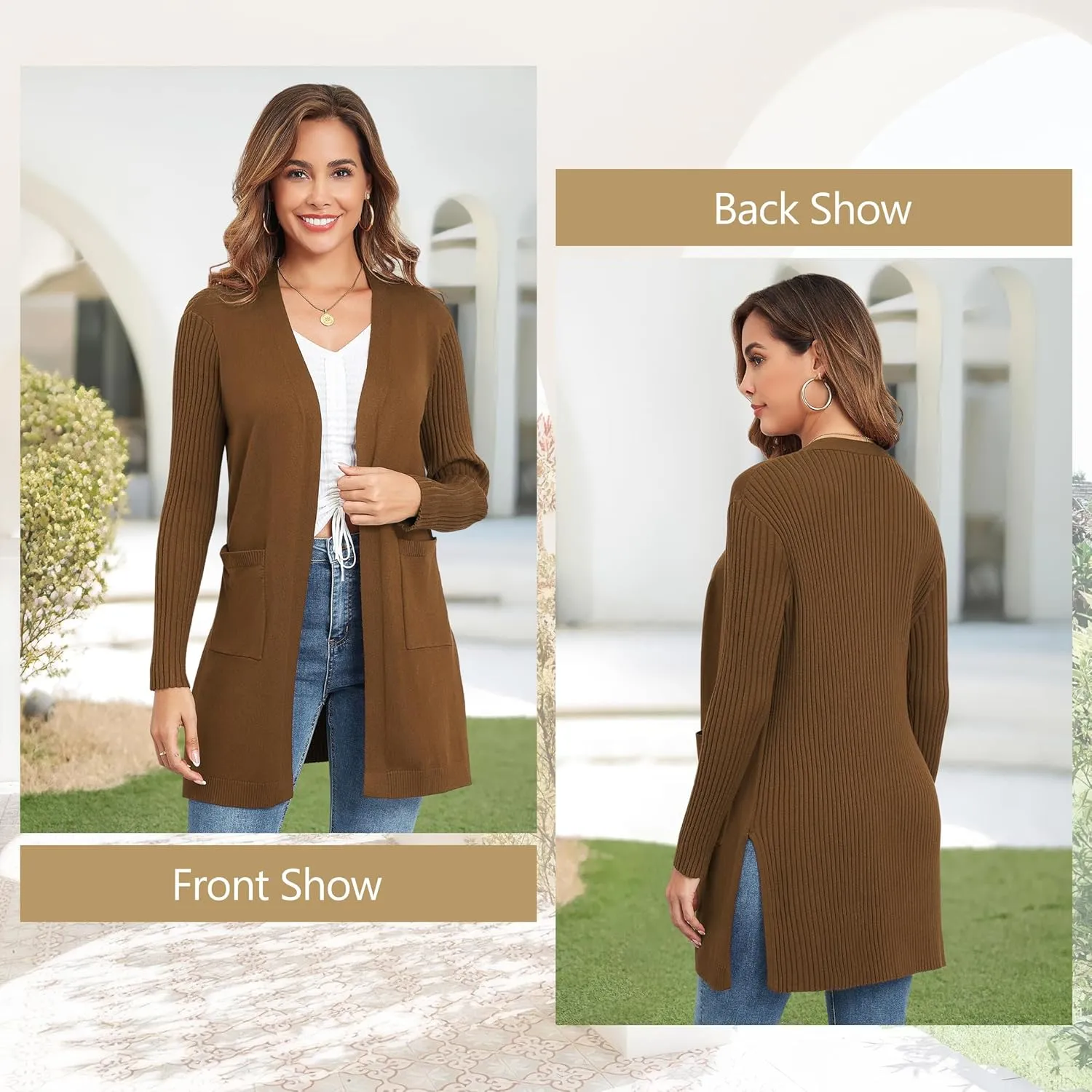 Women's Cardigan Sweaters V-Neck Long Sleeves with Two Pockets Side Split Hem Open Front Knit Casual Cardigan