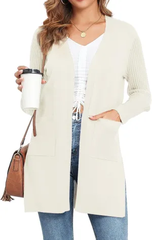 Women's Cardigan Sweaters V-Neck Long Sleeves with Two Pockets Side Split Hem Open Front Knit Casual Cardigan