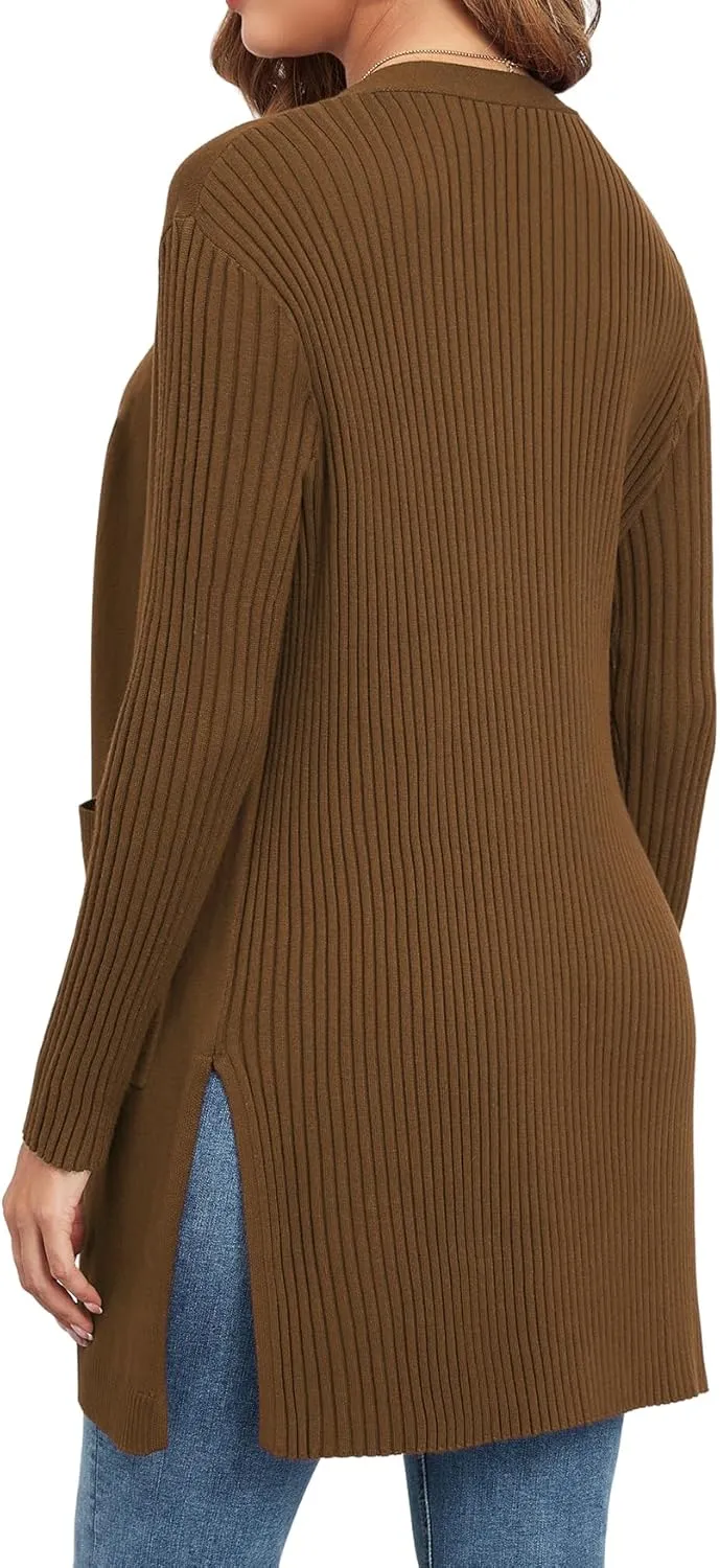Women's Cardigan Sweaters V-Neck Long Sleeves with Two Pockets Side Split Hem Open Front Knit Casual Cardigan