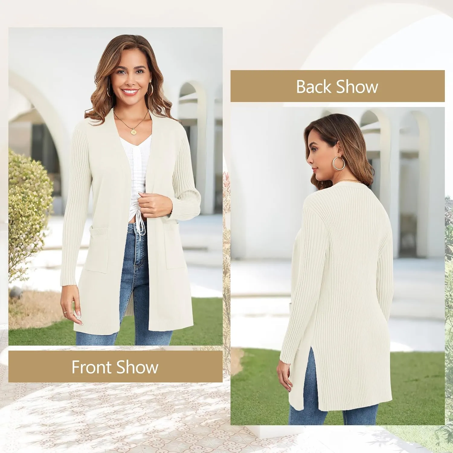 Women's Cardigan Sweaters V-Neck Long Sleeves with Two Pockets Side Split Hem Open Front Knit Casual Cardigan