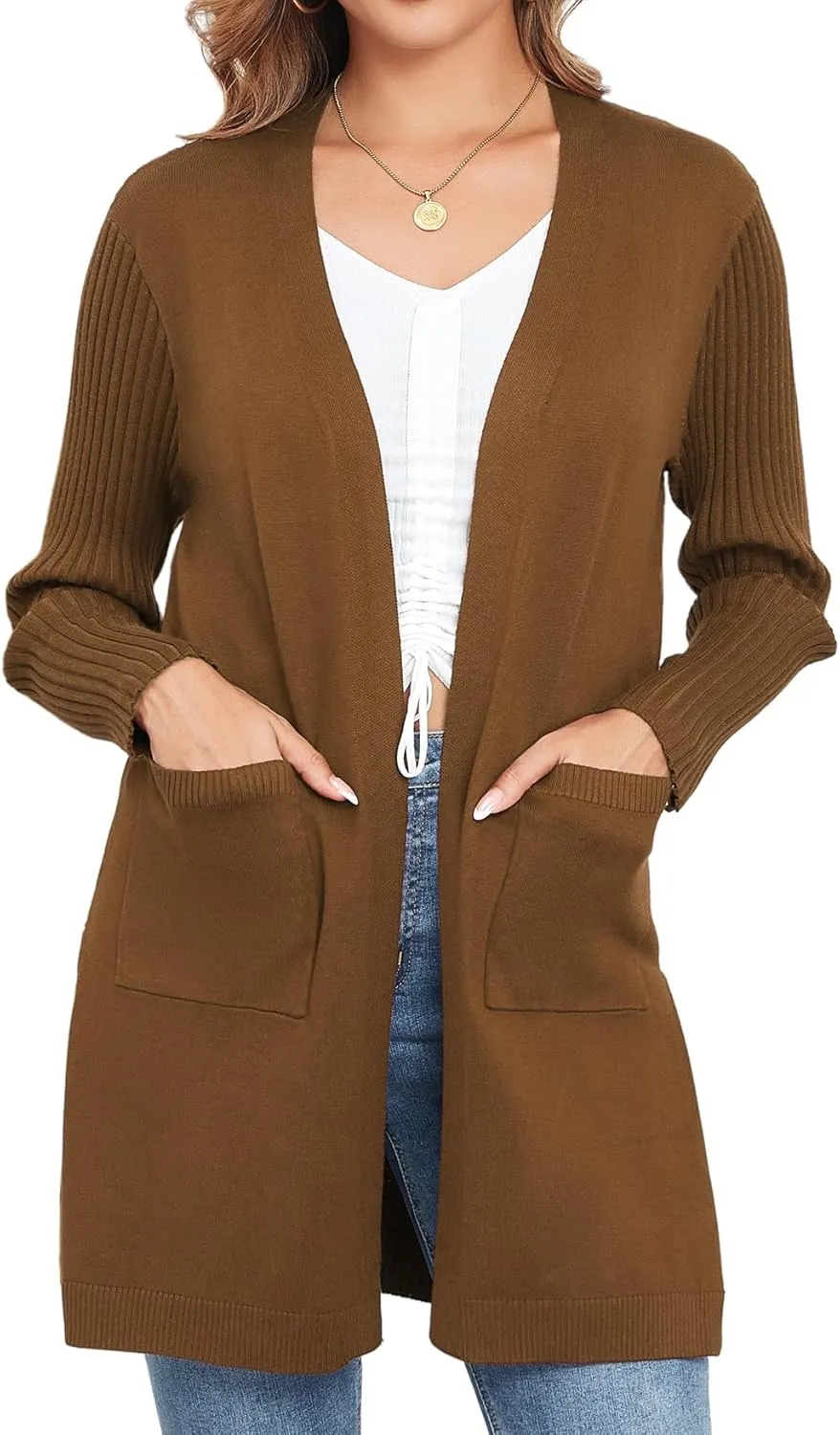 Women's Cardigan Sweaters V-Neck Long Sleeves with Two Pockets Side Split Hem Open Front Knit Casual Cardigan