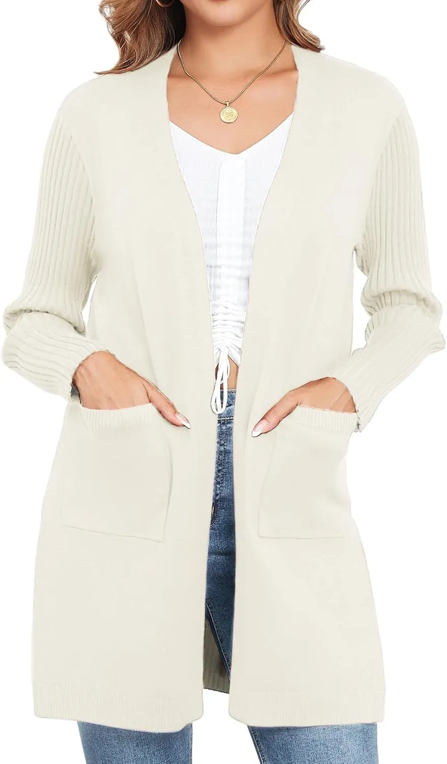 Women's Cardigan Sweaters V-Neck Long Sleeves with Two Pockets Side Split Hem Open Front Knit Casual Cardigan