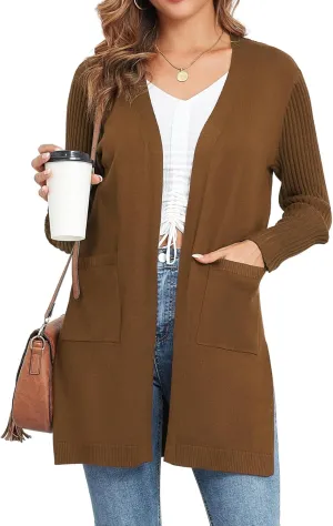 Women's Cardigan Sweaters V-Neck Long Sleeves with Two Pockets Side Split Hem Open Front Knit Casual Cardigan