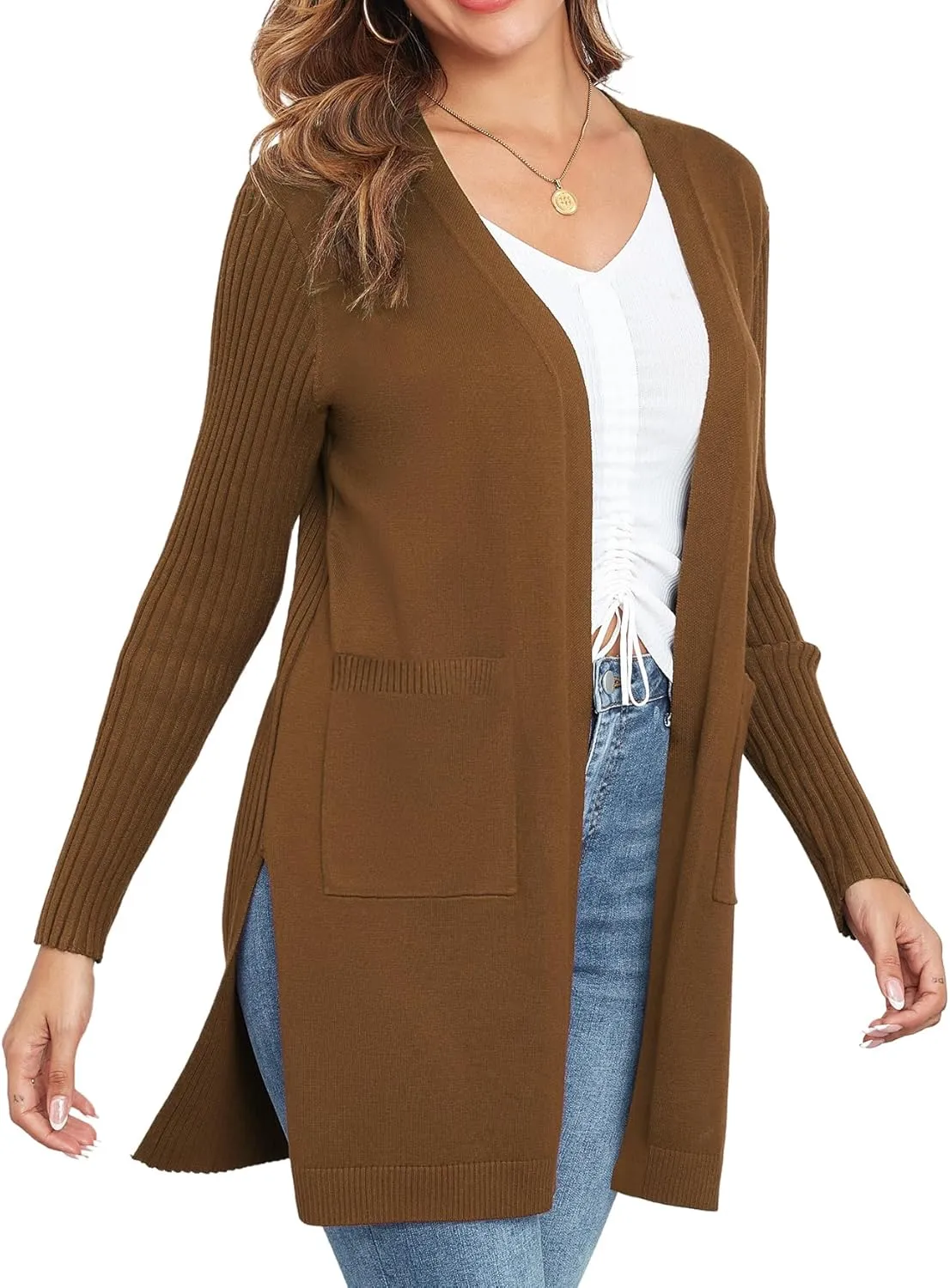 Women's Cardigan Sweaters V-Neck Long Sleeves with Two Pockets Side Split Hem Open Front Knit Casual Cardigan